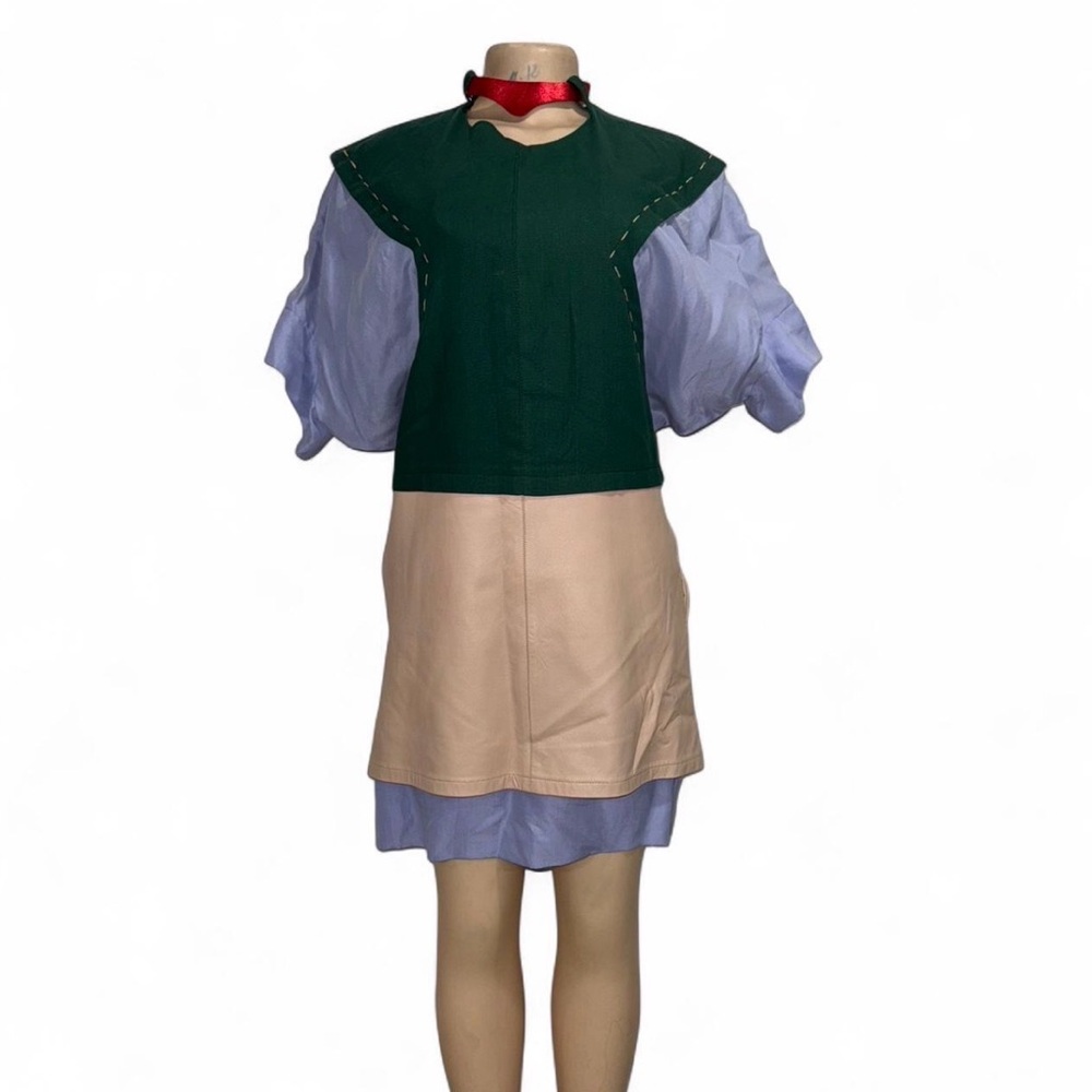 Multi-coloured dark green, light blue and beige boho leather accent dress